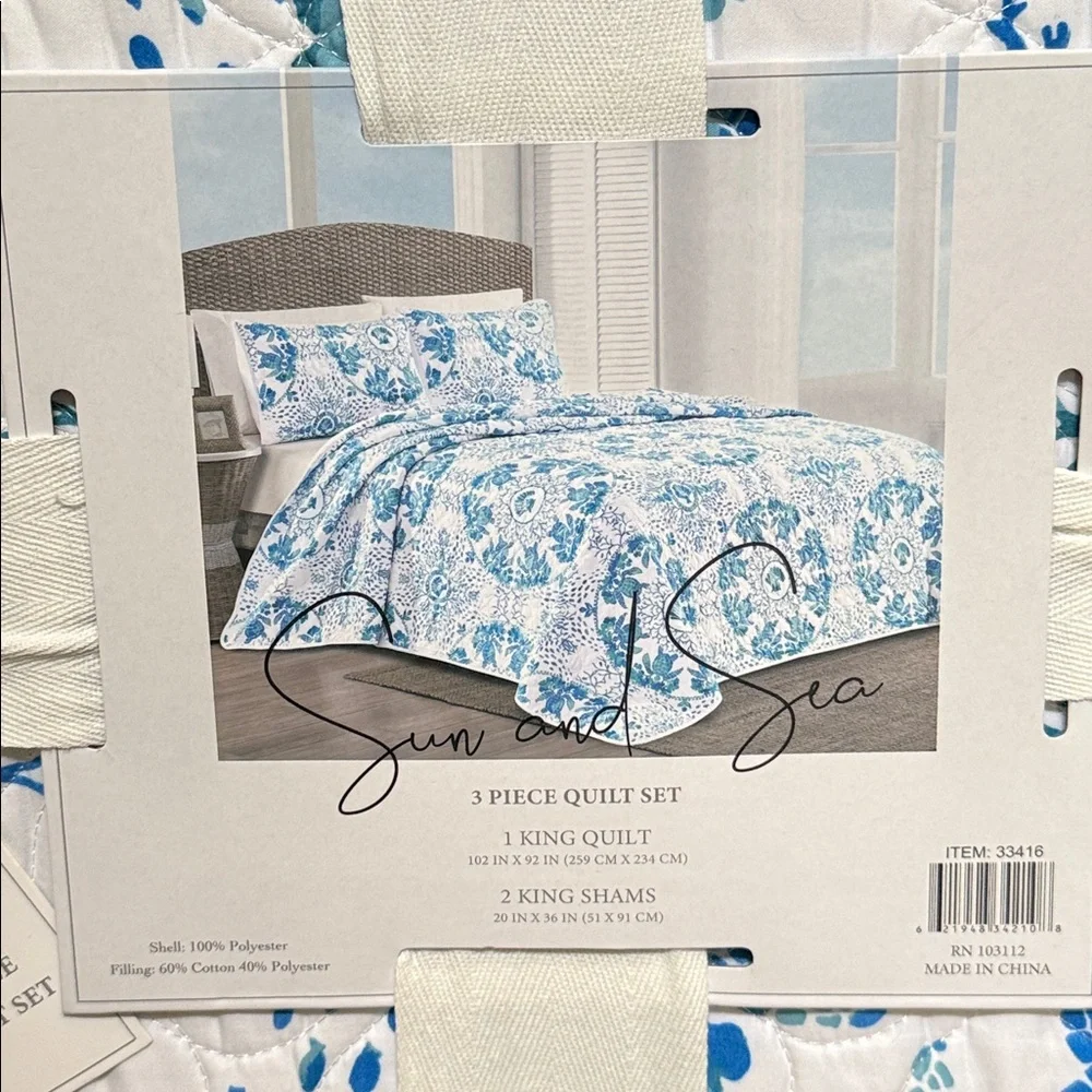 Blue and White Sun & Sea King 3 piece Quilt Set. Turtles and sea motif.